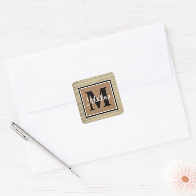 Vintage Music note Musician Monogram    Square Sticker (Envelope)