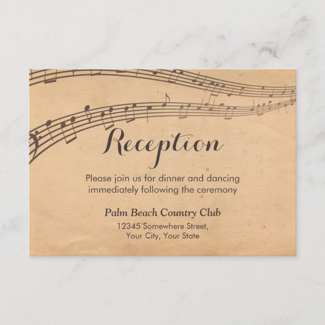 Vintage Music Notes Musical Wedding Reception (Front)