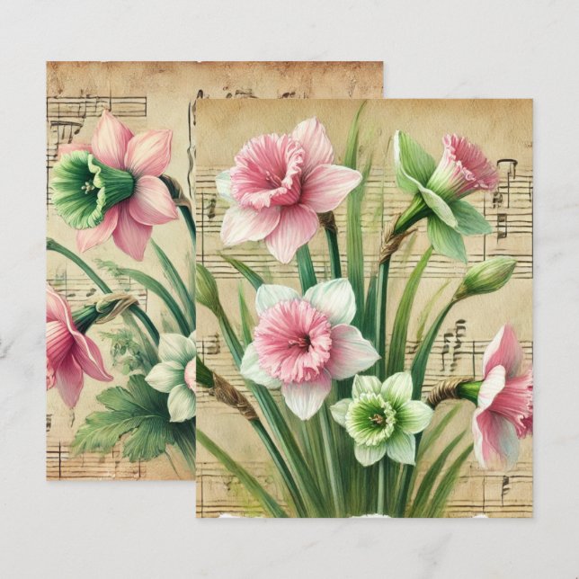 Vintage Music Pink & Green Daffodils Scrapbook (Front/Back)