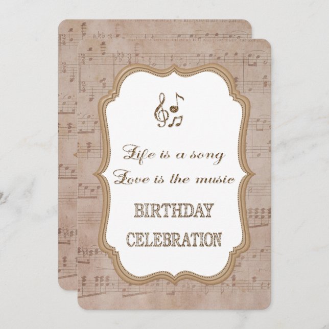 Vintage Music Sheet Gold Birthday Party Invitation (Front/Back)