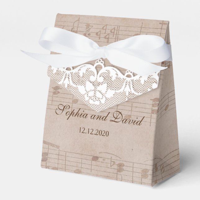 Vintage Music Sheet & Lace Wedding Custom Favour Box (Front Side)