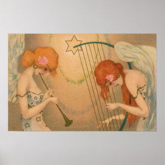 Vintage Music Victorian Angel Musicians Flute Harp Poster