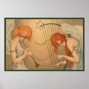 Vintage Music Victorian Angel Musicians Flute Harp Poster