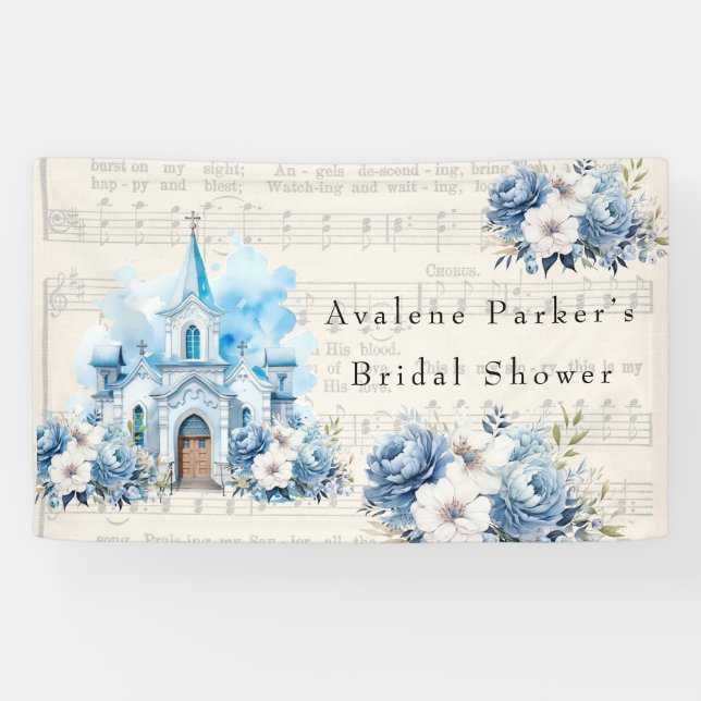 Vintage Musical Dusty Blue Peony Church Wedding Banner (Horizontal)