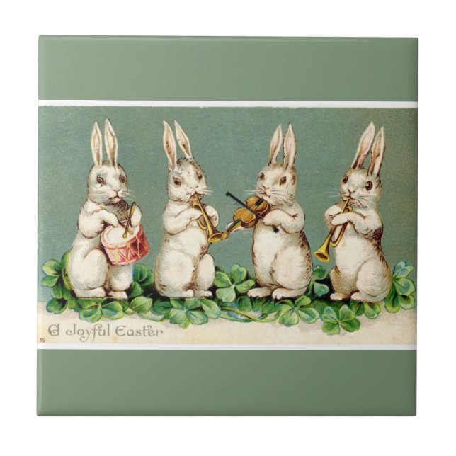Vintage Musical Easter Bunnies Green Tile (Front)