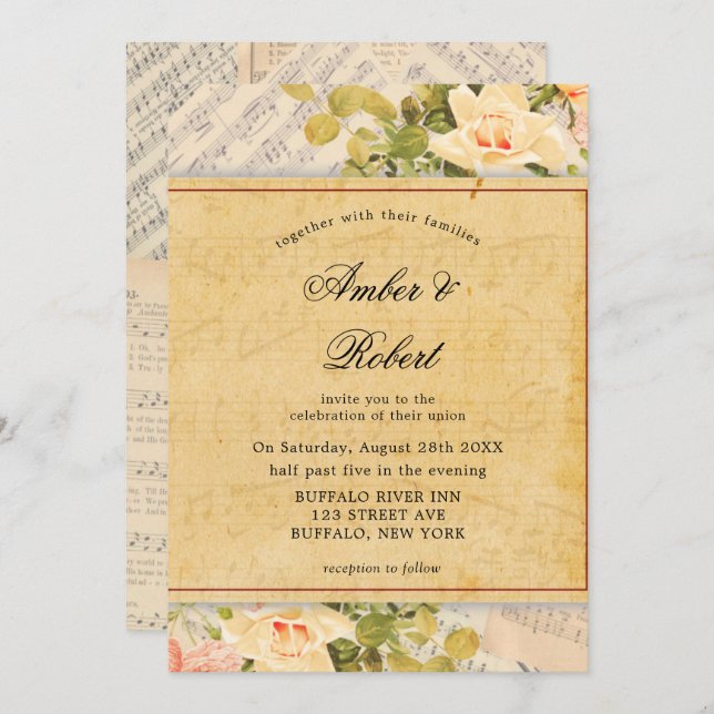 Vintage Musical Floral Wedding Invitations (Front/Back)