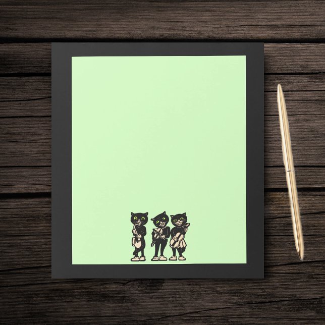 Vintage Musician Black Cats Music Notes (Three black musician cats playing instruments on light green with black border paper notepad.)