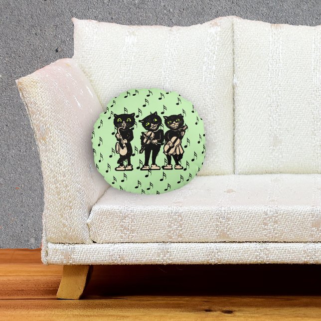 Vintage Musician Black Cats Music Notes Round Cushion (Three black cat musicians playing instruments black music notes on green decorative round pillow.)