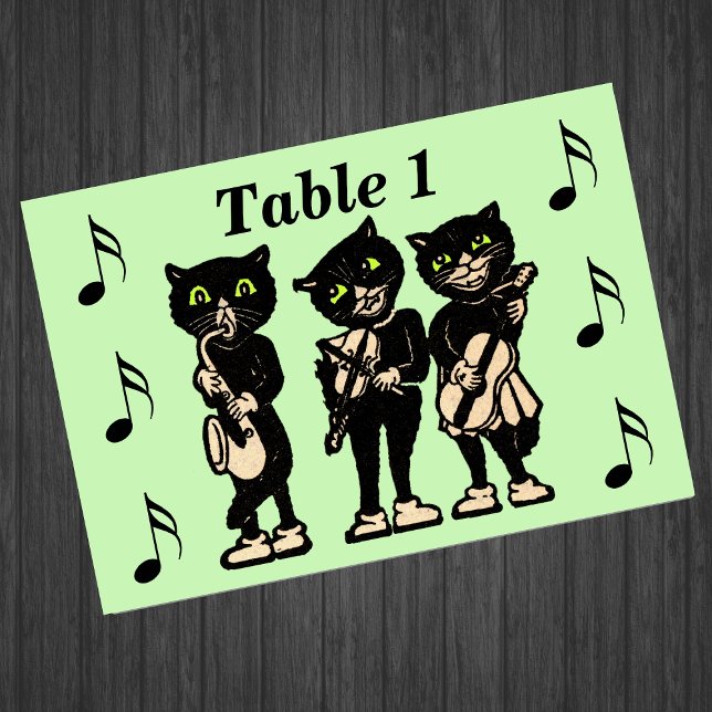 Vintage Musician Black Cats Music Notes Table Number (Three black cat musicians playing instruments music notes on light green event table number cards.)