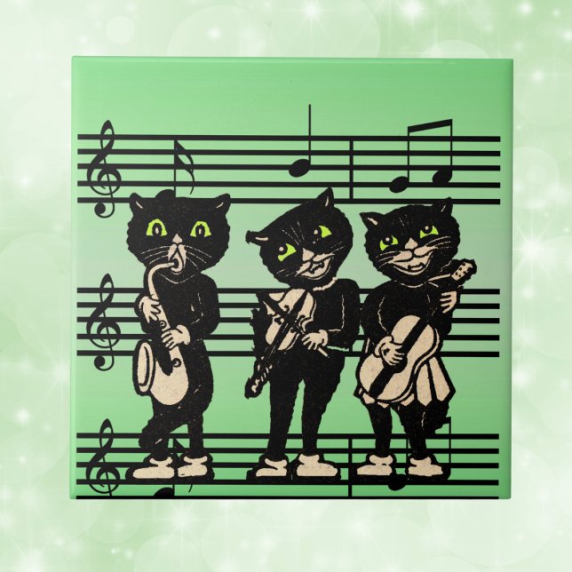 Vintage Musician Black Cats Music Notes Tile (Three black cats playing music instruments on sheet of music notes on green decorative ceramic tile.)