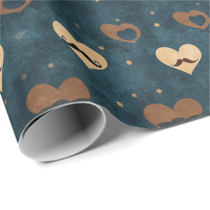 Vintage Mustache Heart Pattern on Denim Blue Wrapping Paper
