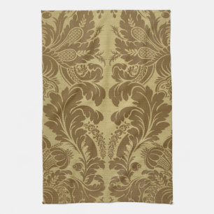 Vintage Mustard Gold Floral Brocade Damask Tea Towel