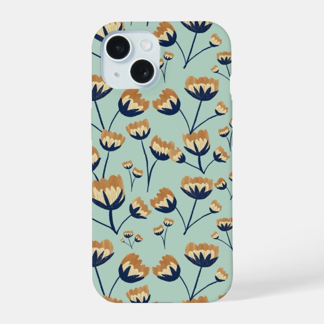 Vintage Mustard & Navy Wildflower Pattern iPhone 15 Case (Back)