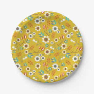 Vintage Mustard Yellow Floral Flowers Pattern Paper Plate