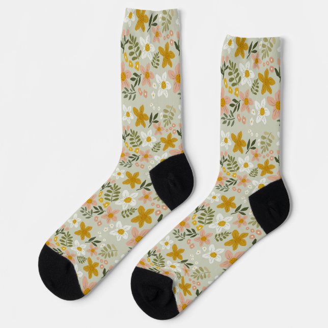 Vintage Muted Floral Botanical Seamless Pattern Socks (Left)
