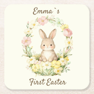 Vintage My First Easter Bunny Floral Wreath Square Paper Coaster