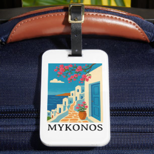 Vintage Mykonos Greece Travel - Colorful Art Luggage Tag