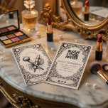 Vintage Mystical Makeup Artist Tarot Style Business Card<br><div class="desc">Create a bold and artistic brand identity with this vintage celestial makeup artist business card, designed for modern beauty professionals and boutique salons. The card features an elegant illustration of crossed makeup brushes and lipstick framed by ornate tarot-inspired details, creating a unique mystical aesthetic that stands out from traditional beauty...</div>