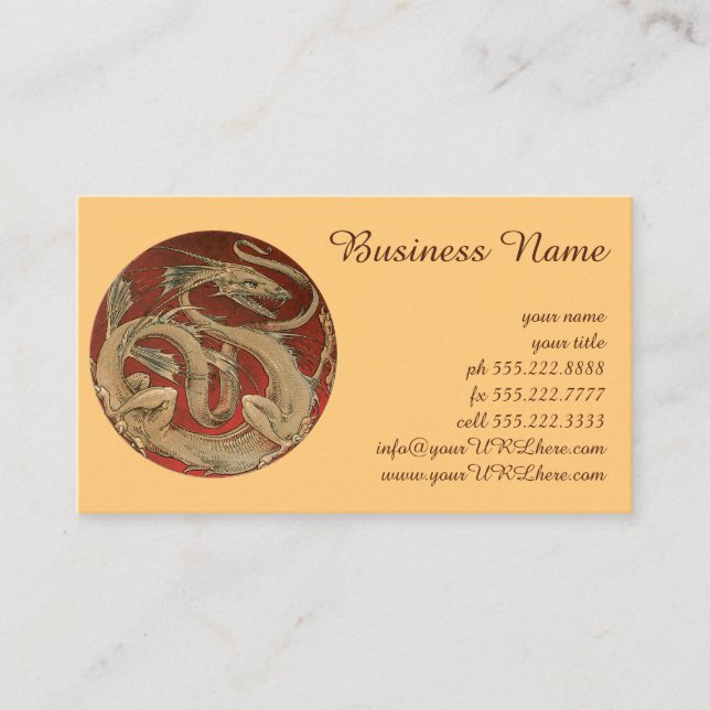 Vintage Mythology, Antique Golden Asian Dragon Business Card (Front)