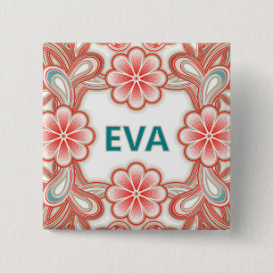 Vintage name button with red flowers