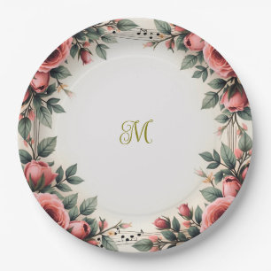 Vintage Name French Floral Rose Flowers Monogram Paper Plate