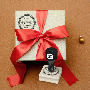 Vintage Name Retro Christmas Wreath Liniar Rubber Stamp