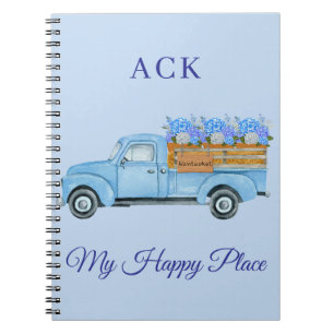 Vintage Nantucket Watercolor Floral Blue Truck Notebook