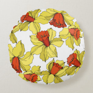 vintage Narcissus floral botanical flower Yellow a Round Cushion