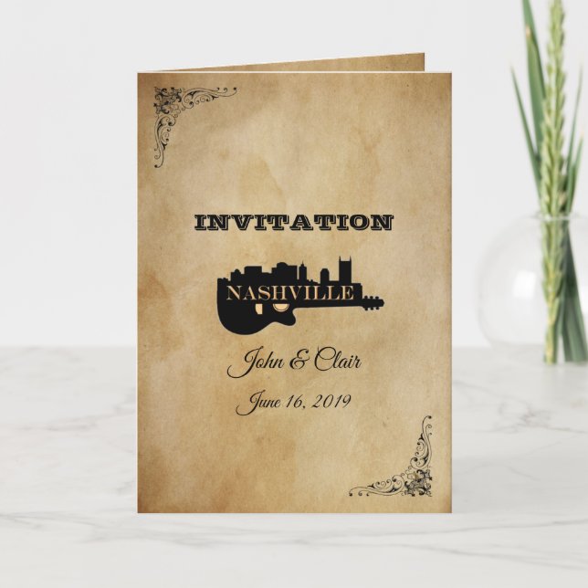 Vintage Nashville Guitar Folded Wedding Invitation (Front)