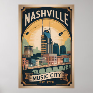 Vintage Nashville Tennessee Music City Retro Trave Poster