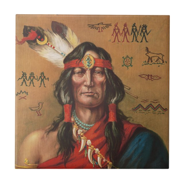 Vintage Native American Chief Portrait Art Tile (Front)