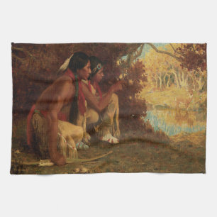 Vintage Native American, Hunting for Deer by Couse Tea Towel