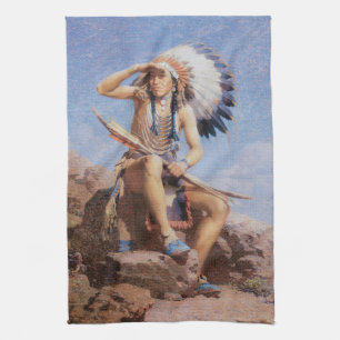 Vintage Native American Indian, The Scout by Leigh Tea Towel