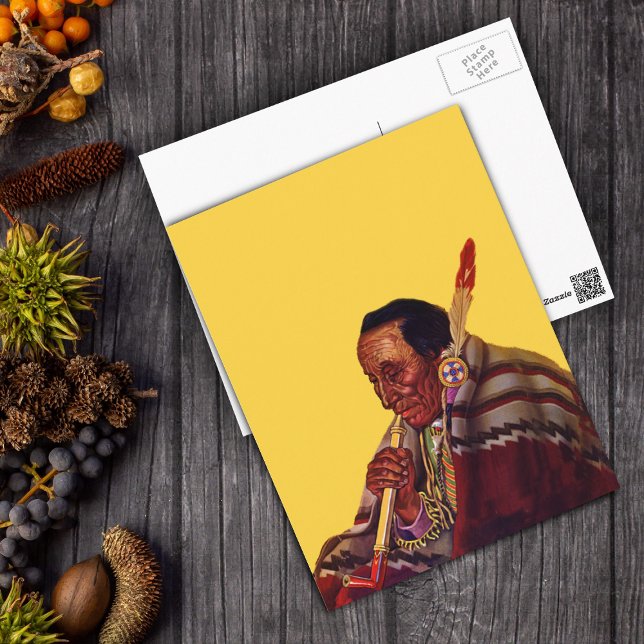 Vintage Native American Warrior Peace Pipe Postcard (Native American with blanket and peace pipe on bright yellow postcard.)