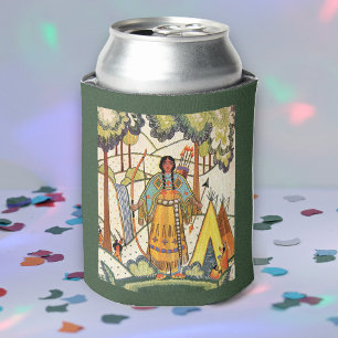 Vintage Native American Woman Village Forest Can Cooler