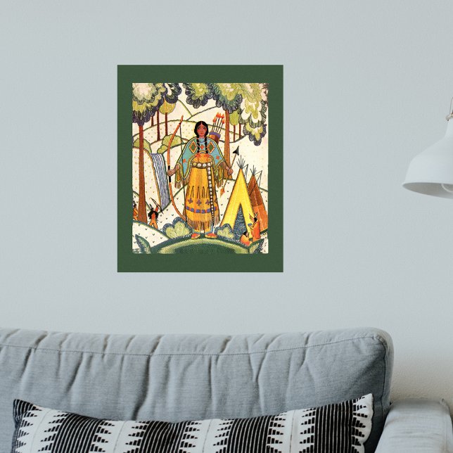 Vintage Native American Woman Village Forest Poster (Native American woman in woods bow arrow yellow teepee on dark green wall art poster.)
