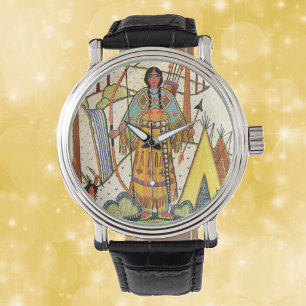 Vintage Native American Woman Village Forest Watch