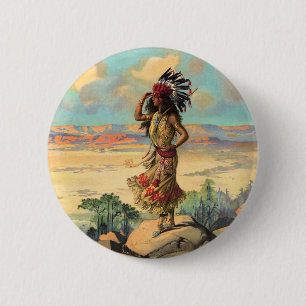 Vintage Native American Woman With Headdress Art 6 Cm Round Badge