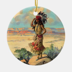 Vintage Native American Woman With Headdress Art Ceramic Tree Decoration