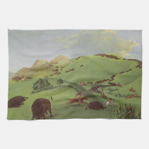 Vintage Native Americans, Buffalo Chase by Catlin Tea Towel