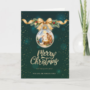 Vintage Nativity Ball Bow Green Christmas card