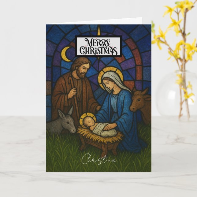 Vintage Nativity Scene Merry Christmas  Card (Yellow Flower)