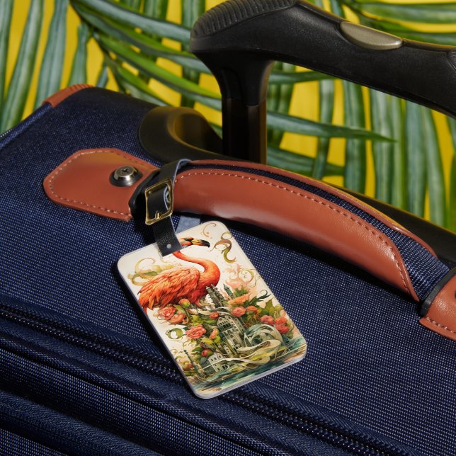 Vintage Natural Flower Flamingos Paradise Luggage Tag (Front Insitu 1)