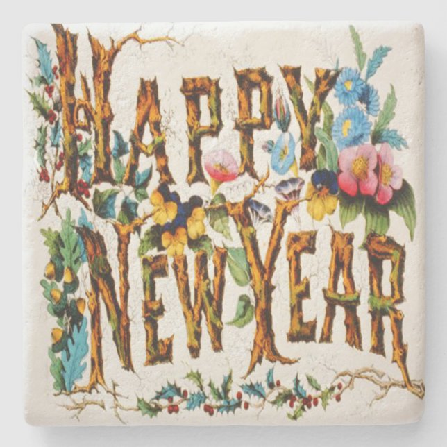 Vintage Natural Happy New Year Stone Coaster (Front)