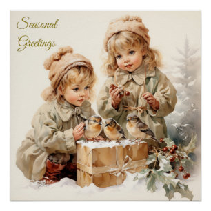 Vintage Nature Christmas Children with Birds Poster