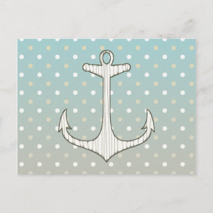 Vintage Nautical Anchor Blue Tan White Polka Dots Postcard