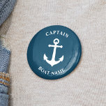 Vintage Nautical Anchor Captain Boat Name Blue<br><div class="desc">Blue Vintage Nautical Anchor and Your Personalized Boat Name and Customizable Captain Rank Button.</div>