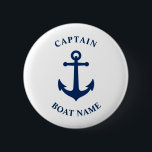 Vintage Nautical Anchor Captain Boat Name Navy 6 Cm Round Badge<br><div class="desc">Navy Blue Vintage Nautical Anchor and Your Personalised Boat Name and Customisable Captain Rank Button.</div>