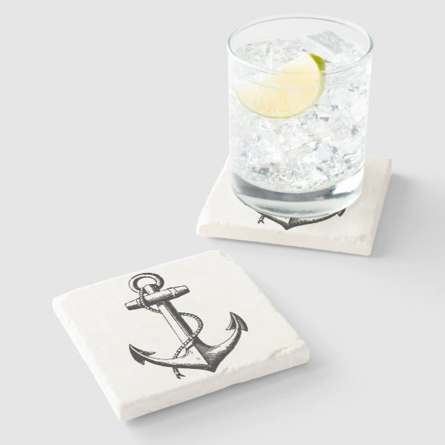 Vintage Nautical Anchor Illustration Stone Coaster (Side)