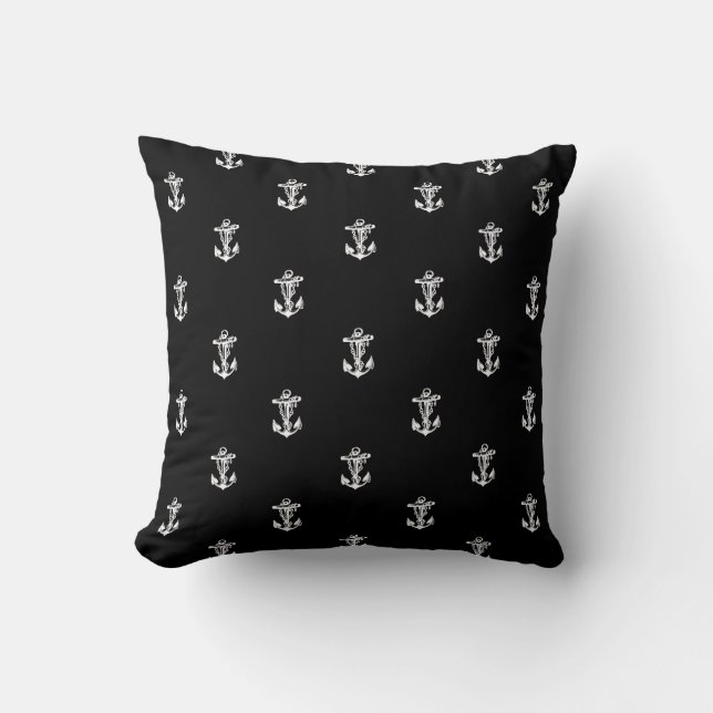 Vintage Nautical Anchor Pattern Black Throw Pillow (Front)